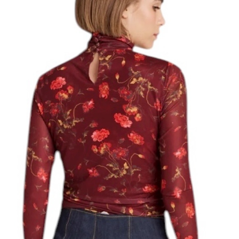 Cinq à Sept Falling Poppies Shirred Mesh Turtleneck | Floral Sheer | XS - Picture 2 of 13